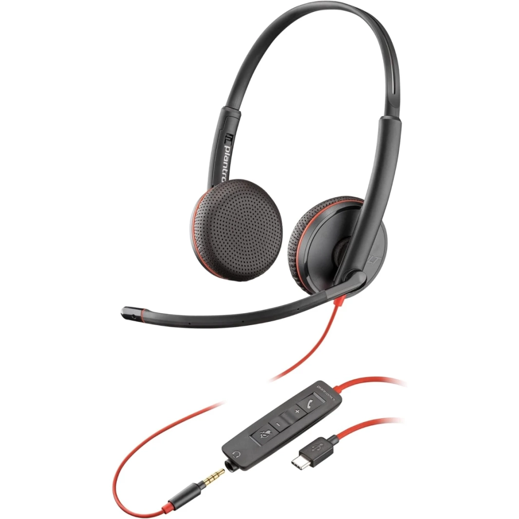 Poly Blackwire C3225 Wired Dual-Ear Boom Mic MIC USB-C إلغاء ضوضاء MIC لأجهزة الكمبيوتر الشخصية والهاتف المحمول مع فرق (معتمدة)