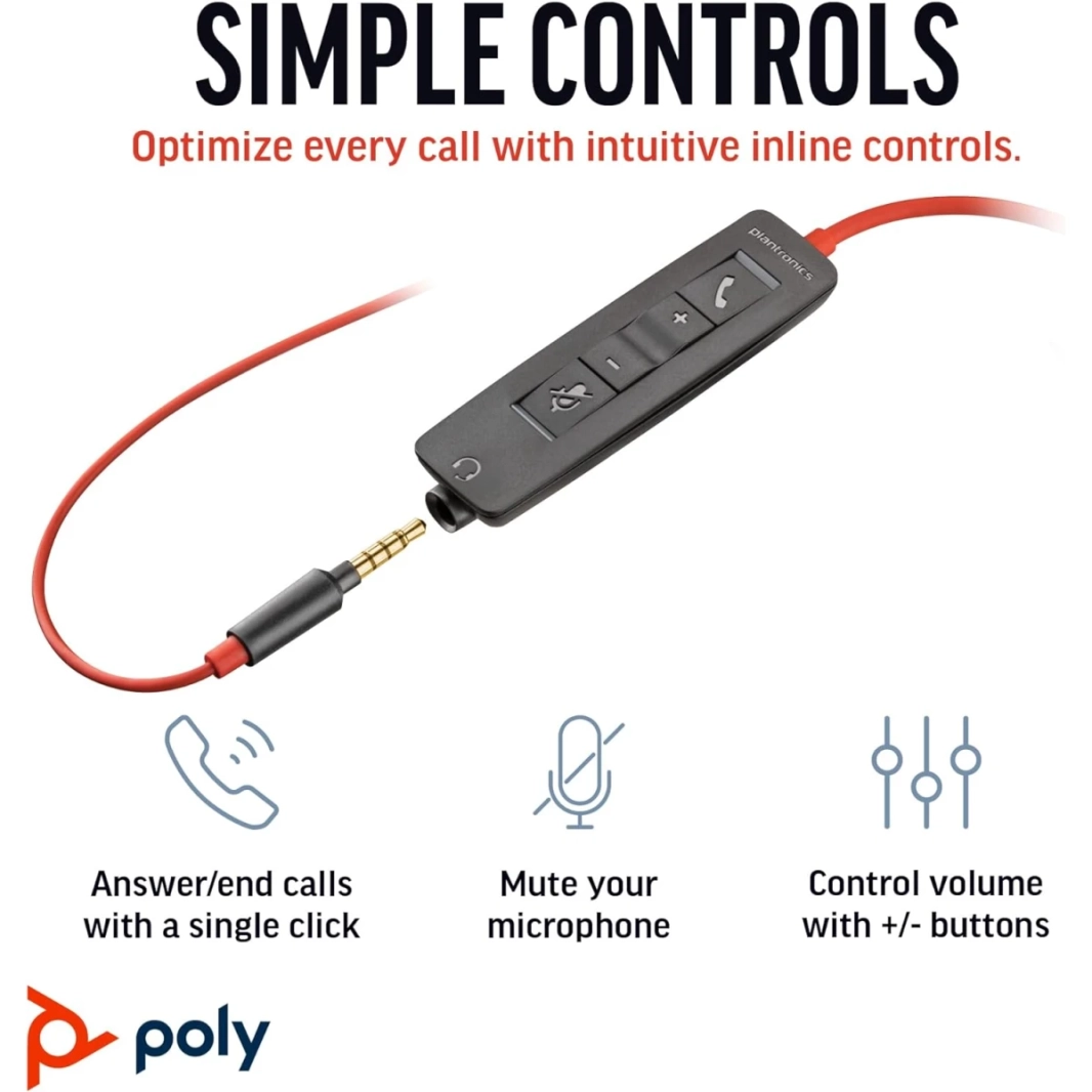 Poly Blackwire C3225 Wired Dual-Ear Boom Mic MIC USB-C إلغاء ضوضاء MIC لأجهزة الكمبيوتر الشخصية والهاتف المحمول مع فرق (معتمدة)