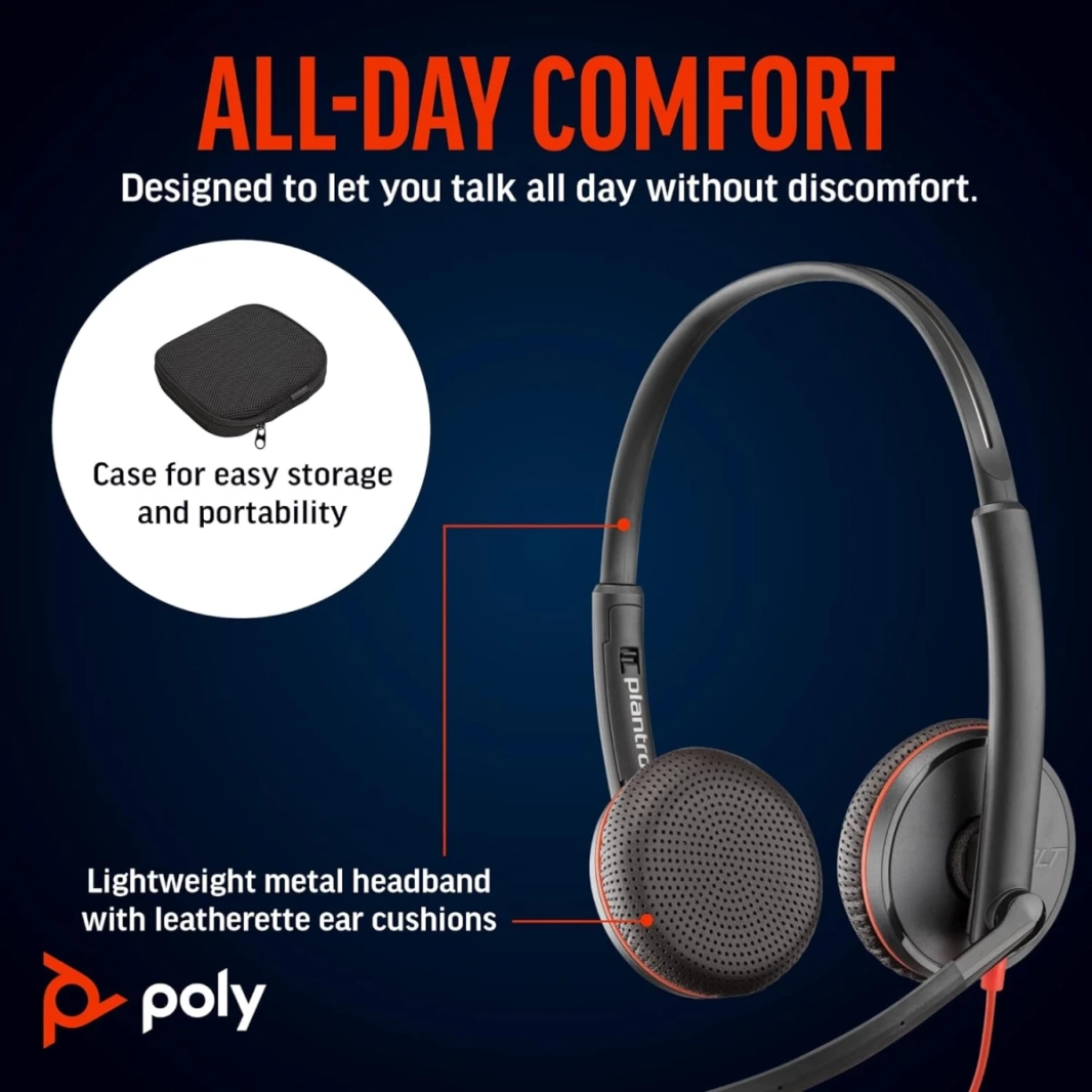 Poly Blackwire C3225 Wired Dual-Ear Boom Mic MIC USB-C إلغاء ضوضاء MIC لأجهزة الكمبيوتر الشخصية والهاتف المحمول مع فرق (معتمدة)