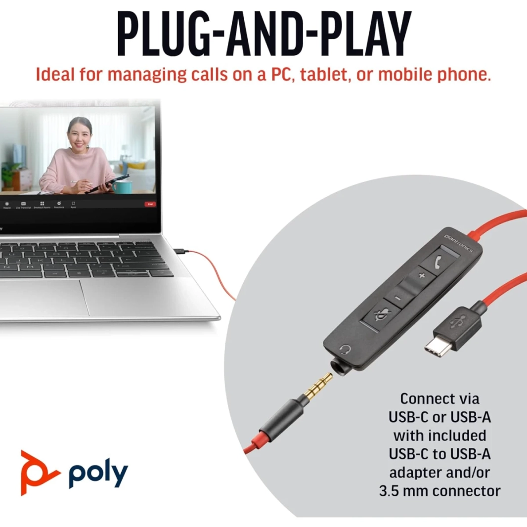 Poly Blackwire C3225 Wired Dual-Ear Boom Mic MIC USB-C إلغاء ضوضاء MIC لأجهزة الكمبيوتر الشخصية والهاتف المحمول مع فرق (معتمدة)