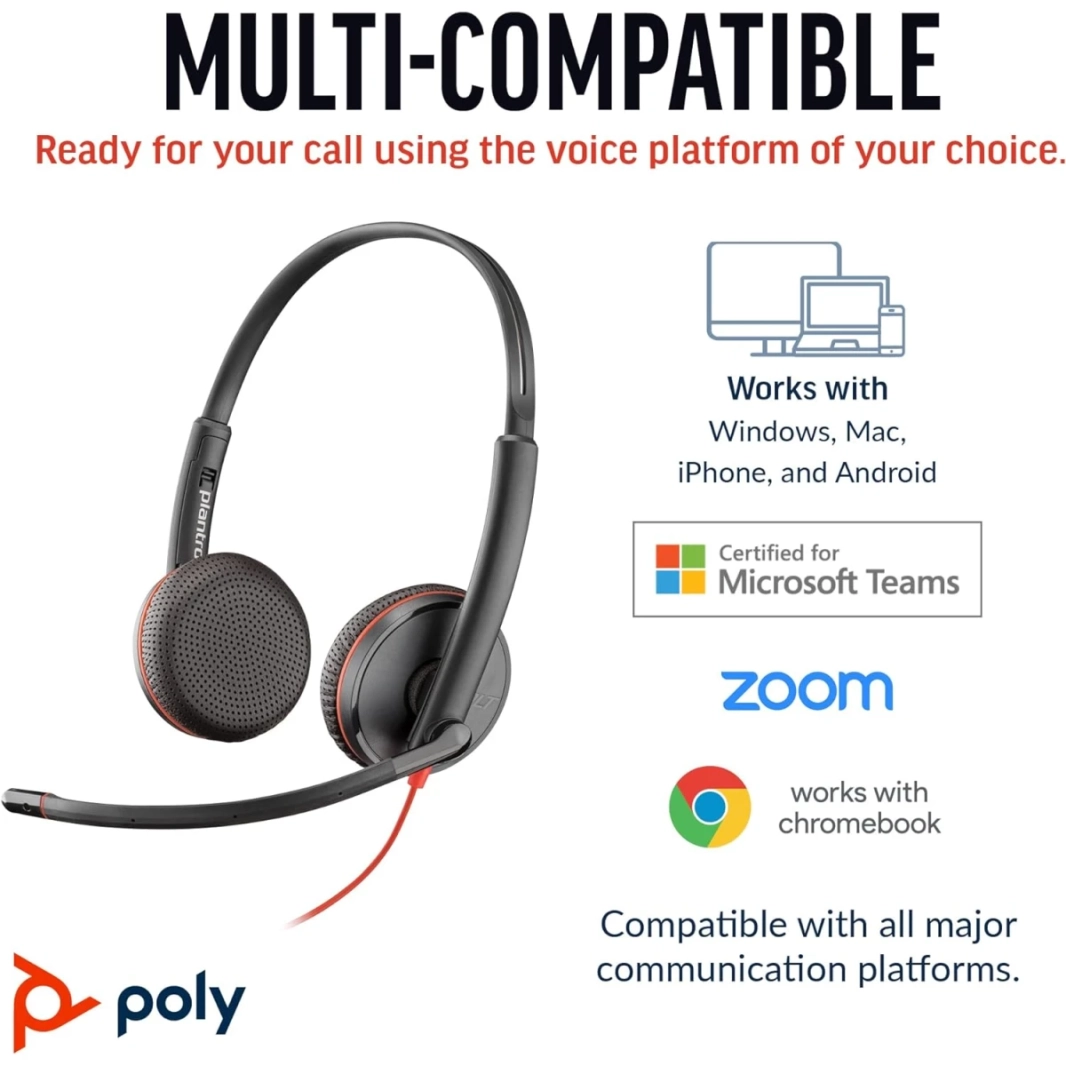 Poly Blackwire C3225 Wired Dual-Ear Boom Mic MIC USB-C إلغاء ضوضاء MIC لأجهزة الكمبيوتر الشخصية والهاتف المحمول مع فرق (معتمدة)