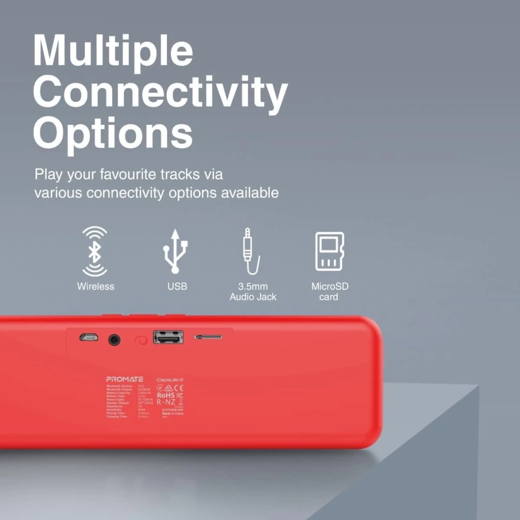 PROMATE CAPSULE -2 Bluetooth Portable Speaker HD 6W TRUE Bluetooth 5.0 Long Playtime USB Media Port Micro SD Card ومنفذ 3.5 مم - أحمر