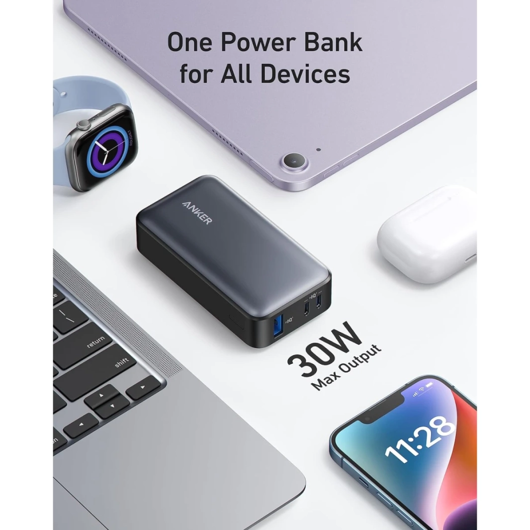 باور بانك Anker PowerCore 30W IQ 3.0 PD 30W Max Output 10,000mAh بطارية لهاتف iPhone 15/15 Plus/15 Pro/15 Pro Max وMacBook وDell وMicrosoft Surface والمزيد