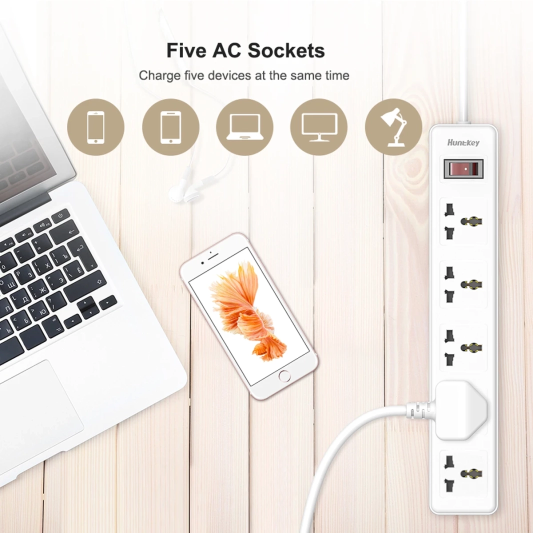 Huntkey SSZ501 مشترك كهرباء عالمي 5x مخرج تيار متردد 220-240 فولت حامي عرام 3 متر - أبيض