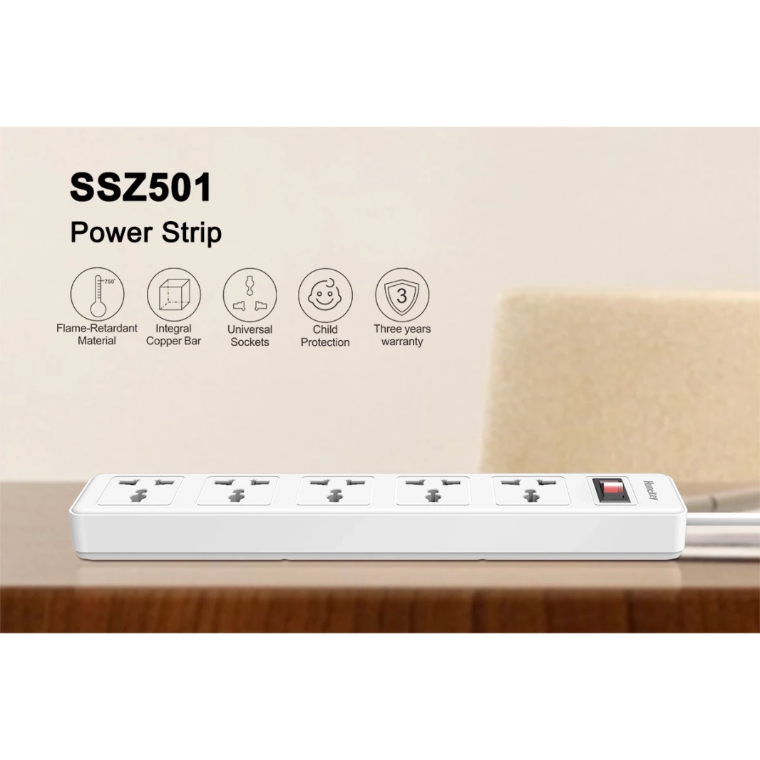 Huntkey SSZ501 مشترك كهرباء عالمي 5x مخرج تيار متردد 220-240 فولت حامي عرام 3 متر - أبيض