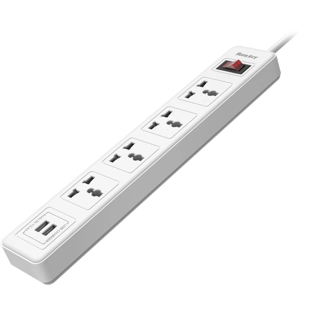 Huntkey SSZ507 مشترك كهرباء عالمي 4x مخرج + 2x USB منافذ شحن AC 220-240V Surge Protector 3M - أبيض