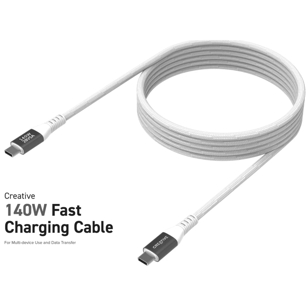 Creative 140W USB-C إلى USB-C شحن سريع وبيانات تصل إلى 480 ميجابت / ثانية 2 متر كابل مدمج 5A E-Marker Chip لأجهزة الكمبيوتر اللوحية المحمولة وأجهزة الكمبيوتر المحمولة PS5 ™ ونينتندو سويتش