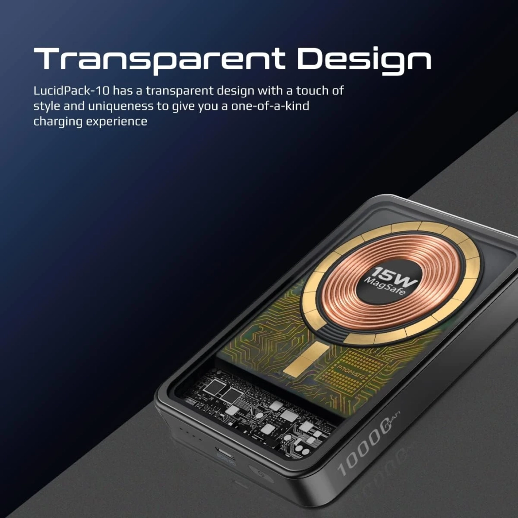 Promate LucidPack-10 Premium 10000mAh Transparent Battery Pack with 15W Magnetic Charging 20W USB-C Over Charging Protection - Black