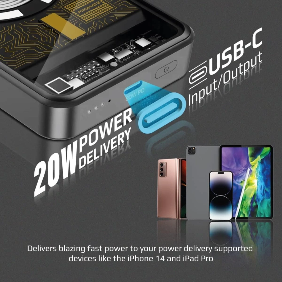 Promate LucidPack-10 Premium 10000mAh Transparent Battery Pack with 15W Magnetic Charging 20W USB-C Over Charging Protection - Black