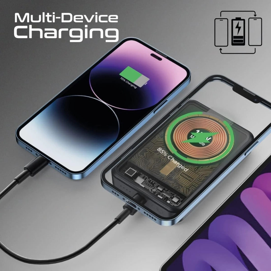 Promate LucidPack-10 Premium 10000mAh Transparent Battery Pack with 15W Magnetic Charging 20W USB-C Over Charging Protection - Black