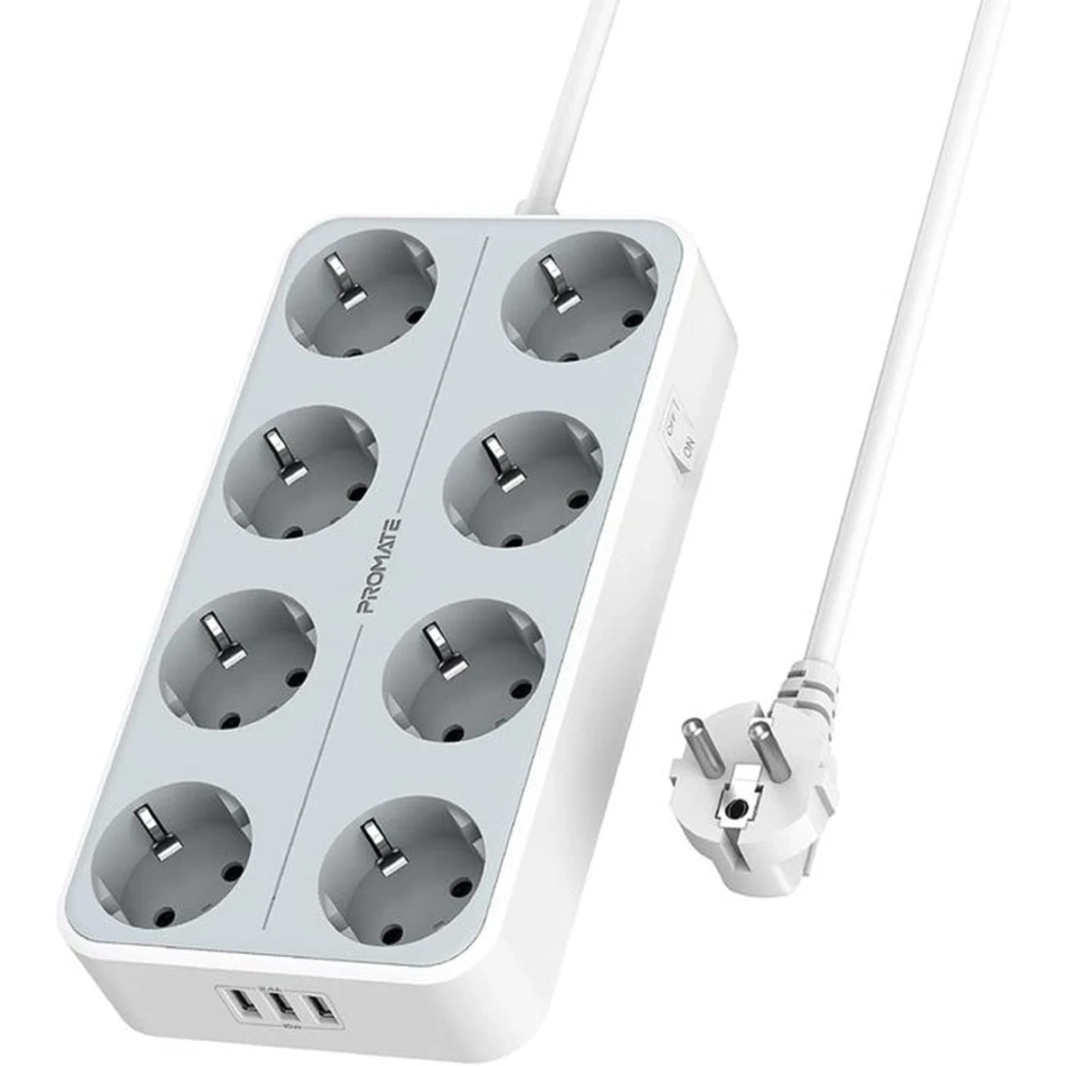 مقبس طاقة 11 في 1 بريميوم من بروميت PowerCord8EU-2M، 8 مقابس تيار متردد بقوة 4000 واط، 3 منافذ USB Intellicharge، كابل 2 متر - أبيض