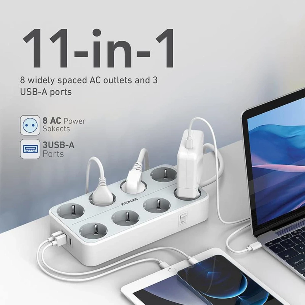 مقبس طاقة 11 في 1 بريميوم من بروميت PowerCord8EU-2M، 8 مقابس تيار متردد بقوة 4000 واط، 3 منافذ USB Intellicharge، كابل 2 متر - أبيض