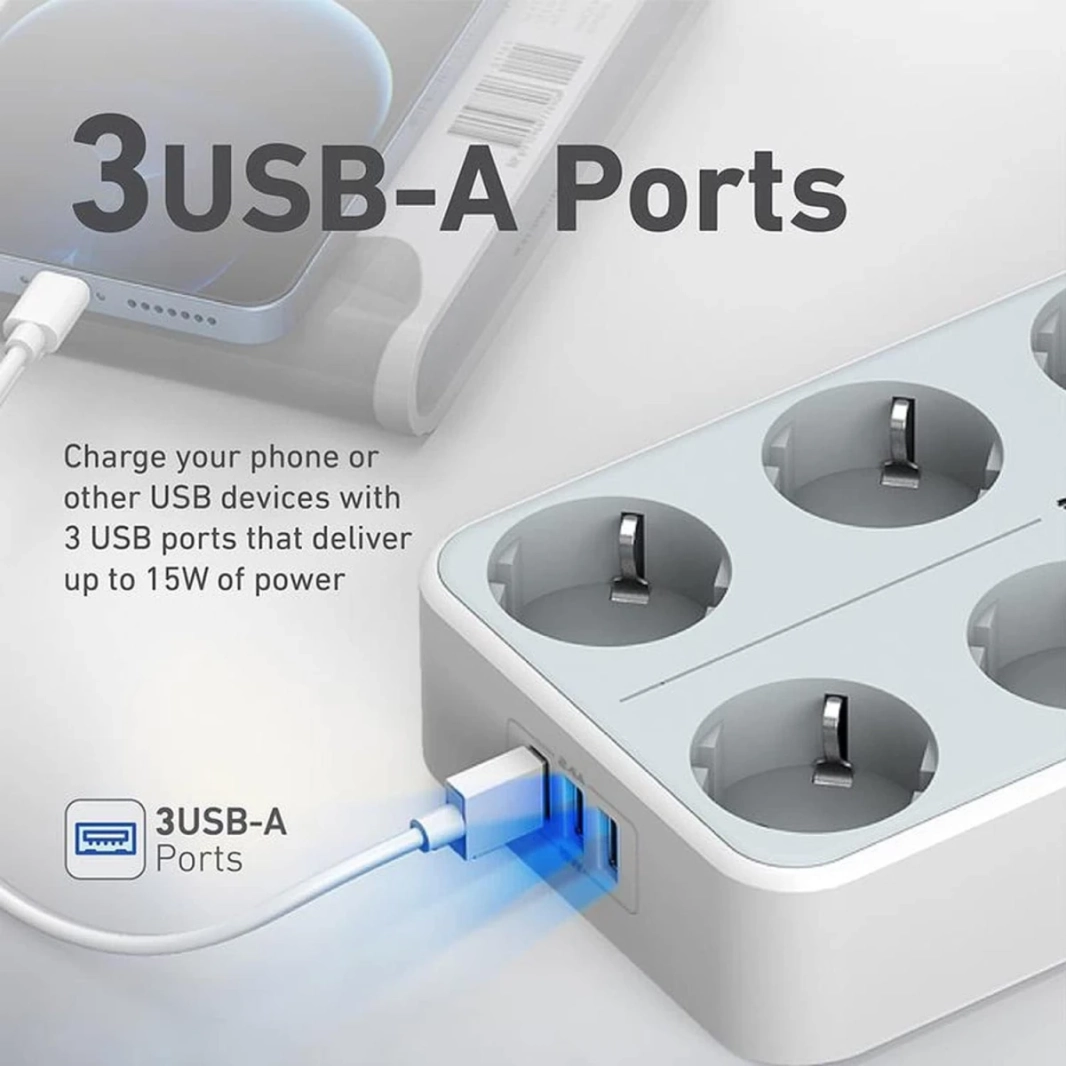 مقبس طاقة 11 في 1 بريميوم من بروميت PowerCord8EU-2M، 8 مقابس تيار متردد بقوة 4000 واط، 3 منافذ USB Intellicharge، كابل 2 متر - أبيض