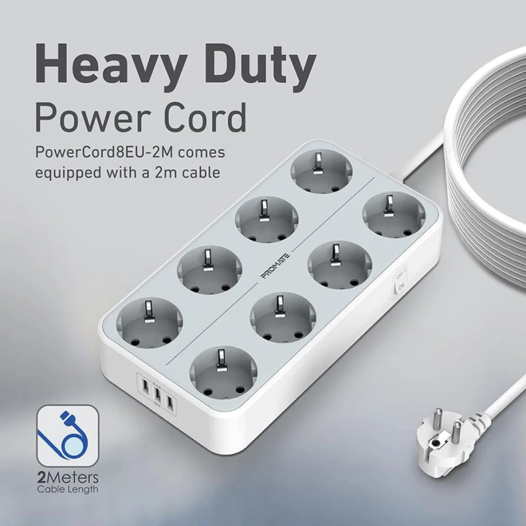 مقبس طاقة 11 في 1 بريميوم من بروميت PowerCord8EU-2M، 8 مقابس تيار متردد بقوة 4000 واط، 3 منافذ USB Intellicharge، كابل 2 متر - أبيض
