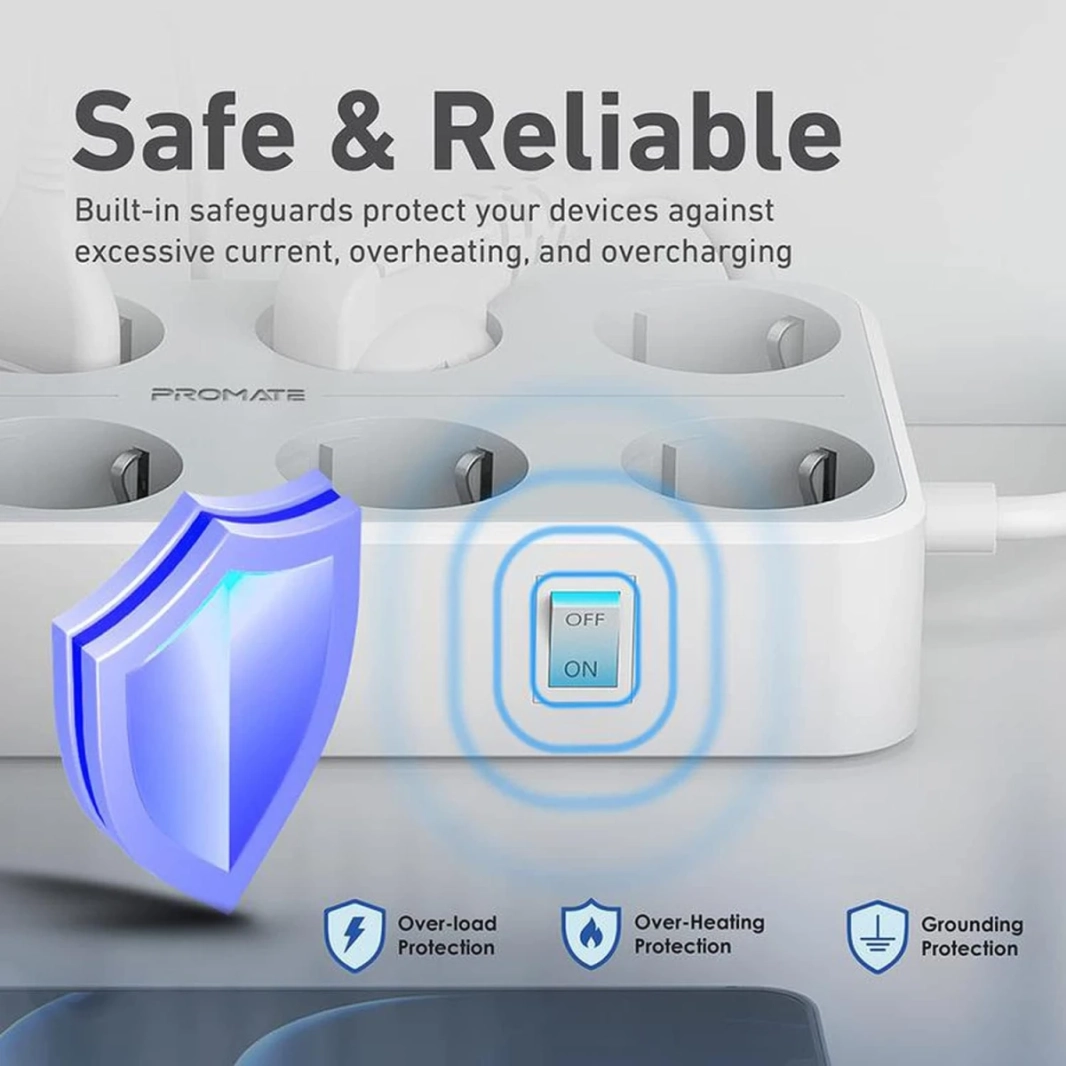 مقبس طاقة 11 في 1 بريميوم من بروميت PowerCord8EU-2M، 8 مقابس تيار متردد بقوة 4000 واط، 3 منافذ USB Intellicharge، كابل 2 متر - أبيض