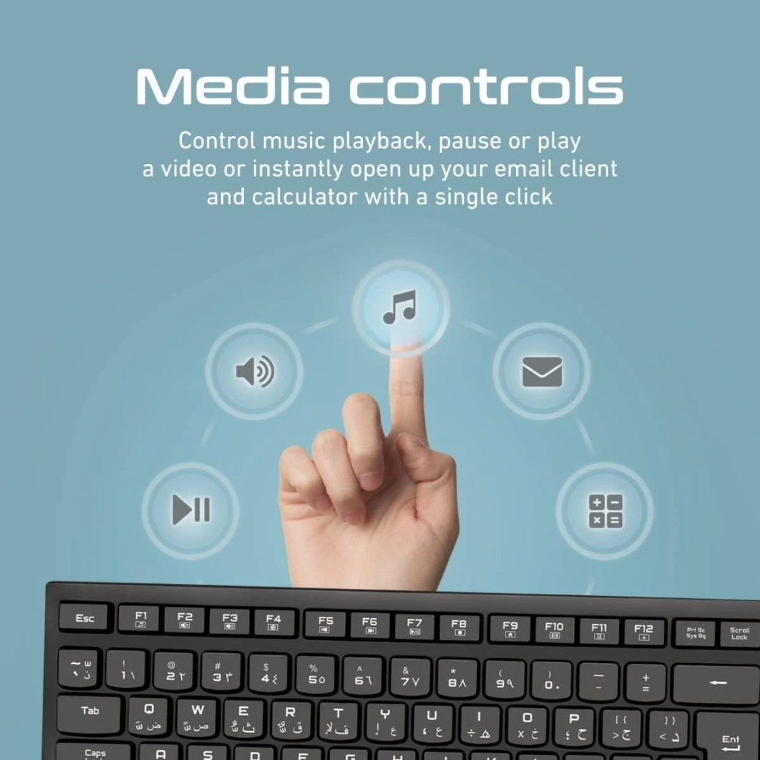 Promate ProCombo-12 Wireless Keyboard & Mouse Combo Sleek Nano USB Receiver Spill-Proof Design 12 Media Keys Arabic / English