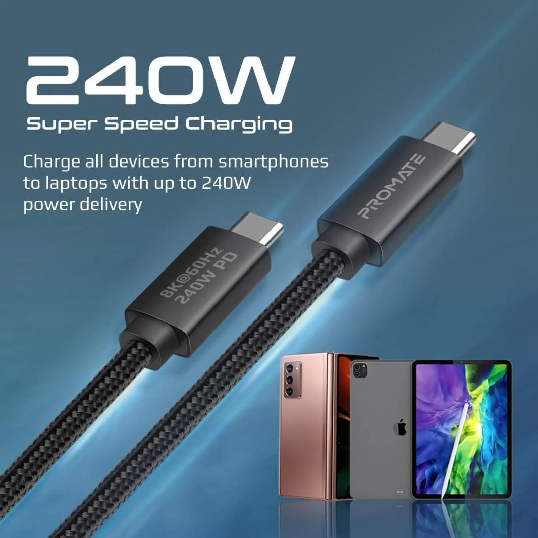 Promate PrimeLinkC40-2M USB-C Cable Ultra HD 8k 60hz USB4 Type-C Cable w/ 240W Power Delivery Thunderbolt 4 Compatible