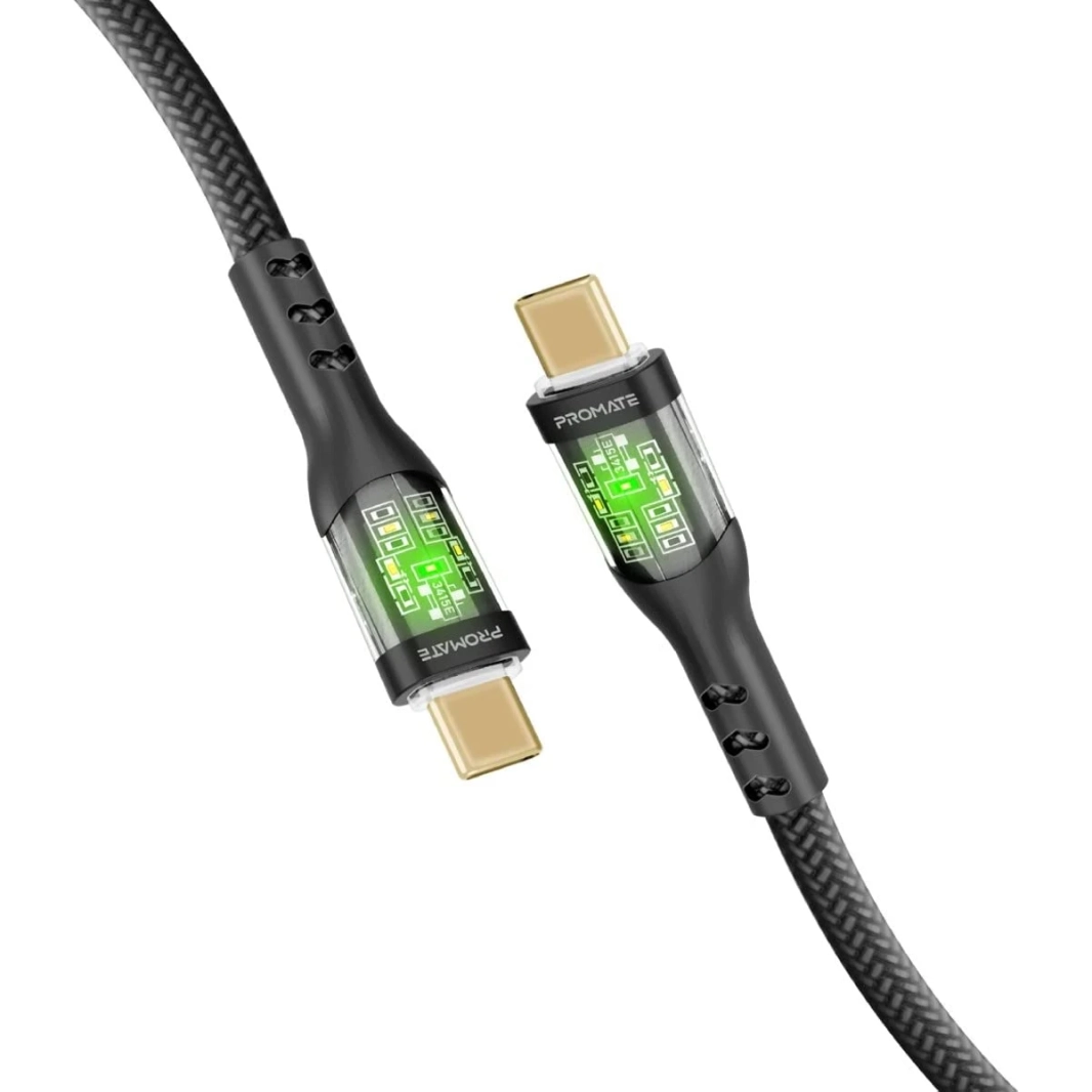 كابل Promate TransLine-CC USB-C إلى USB-C 60 واط توصيل الطاقة أغطية شفافة 120 سم سلك مجدول من النايلون