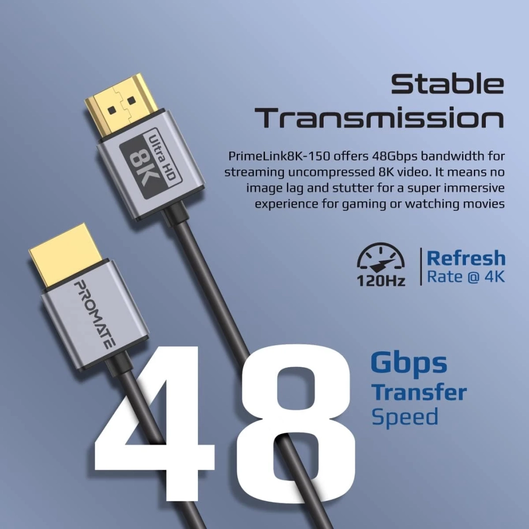 Promate PrimeLink8K-150 HDMI 2.1 Cable 1.5m Slim 48Gbps Bandwidth 8K@60Hz UHD Dynamic HDR eARC Wire - Black