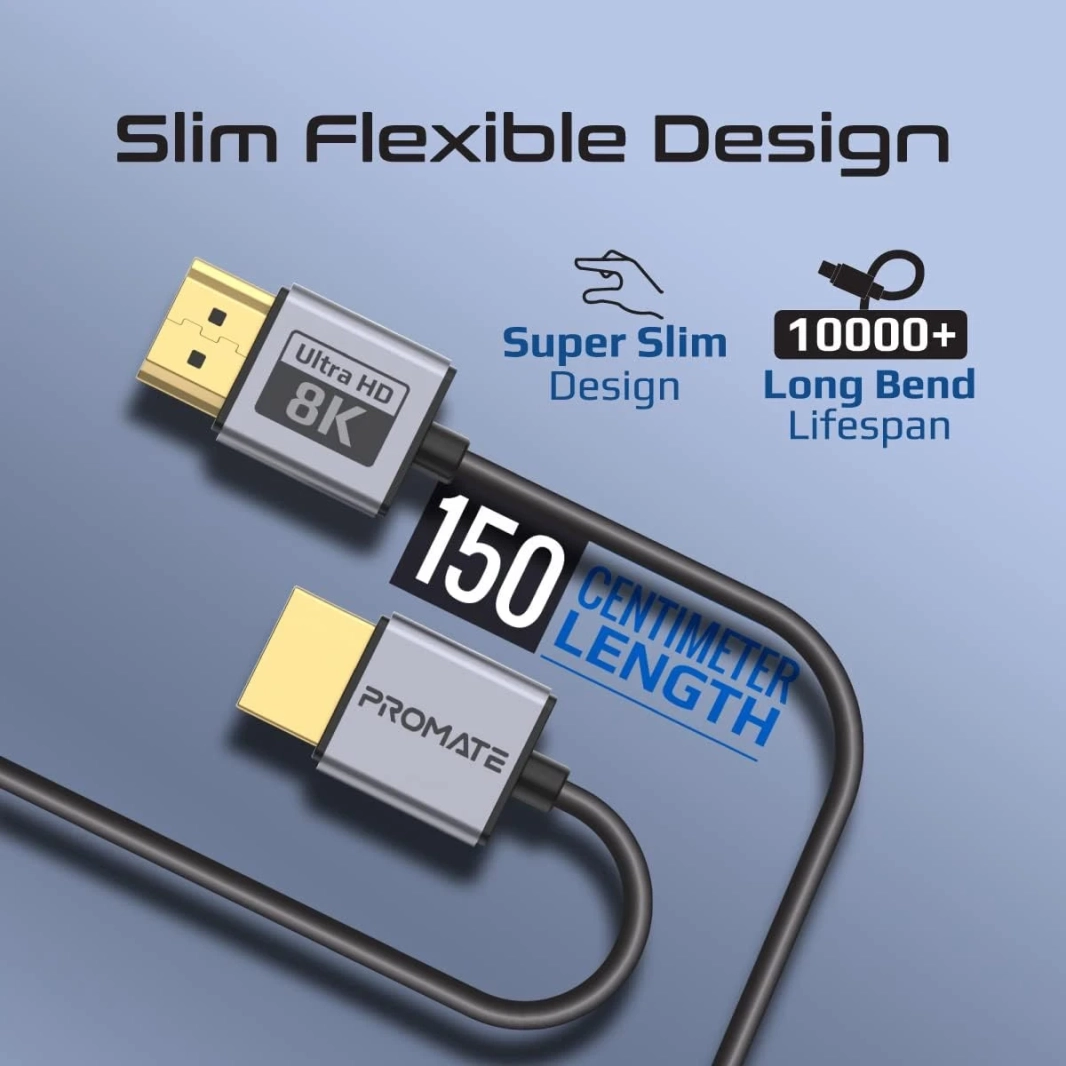 Promate PrimeLink8K-150 HDMI 2.1 Cable 1.5m Slim 48Gbps Bandwidth 8K@60Hz UHD Dynamic HDR eARC Wire - Black