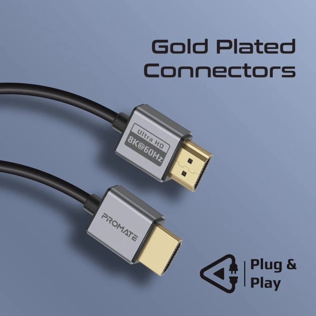 Promate PrimeLink8K-150 HDMI 2.1 Cable 1.5m Slim 48Gbps Bandwidth 8K@60Hz UHD Dynamic HDR eARC Wire - Black