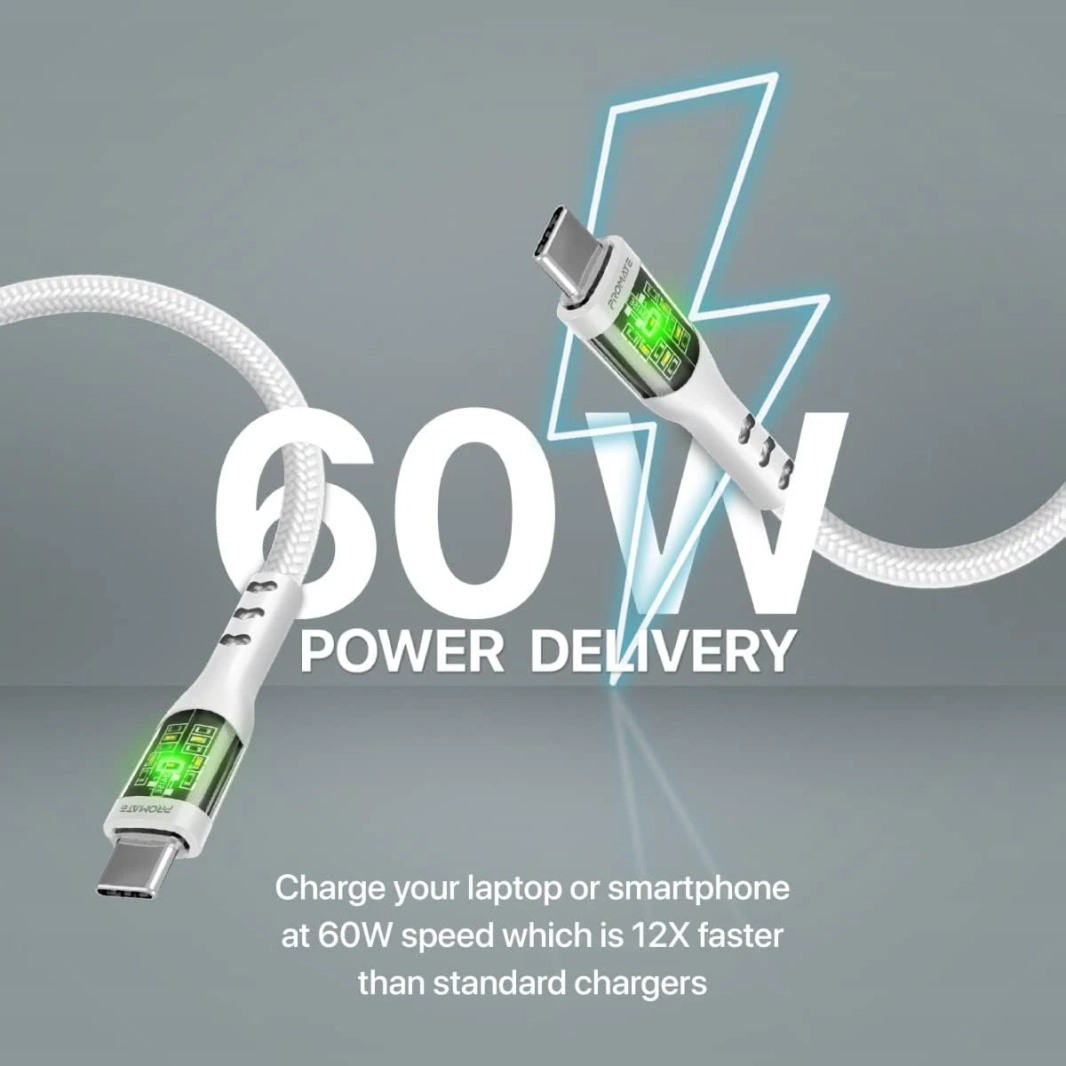 بروميت TransLine-CC كابل USB-C إلى USB-C توصيل طاقة 60 وات أغطية شفافة 120 سم سلك مجدول من النايلون - أبيض