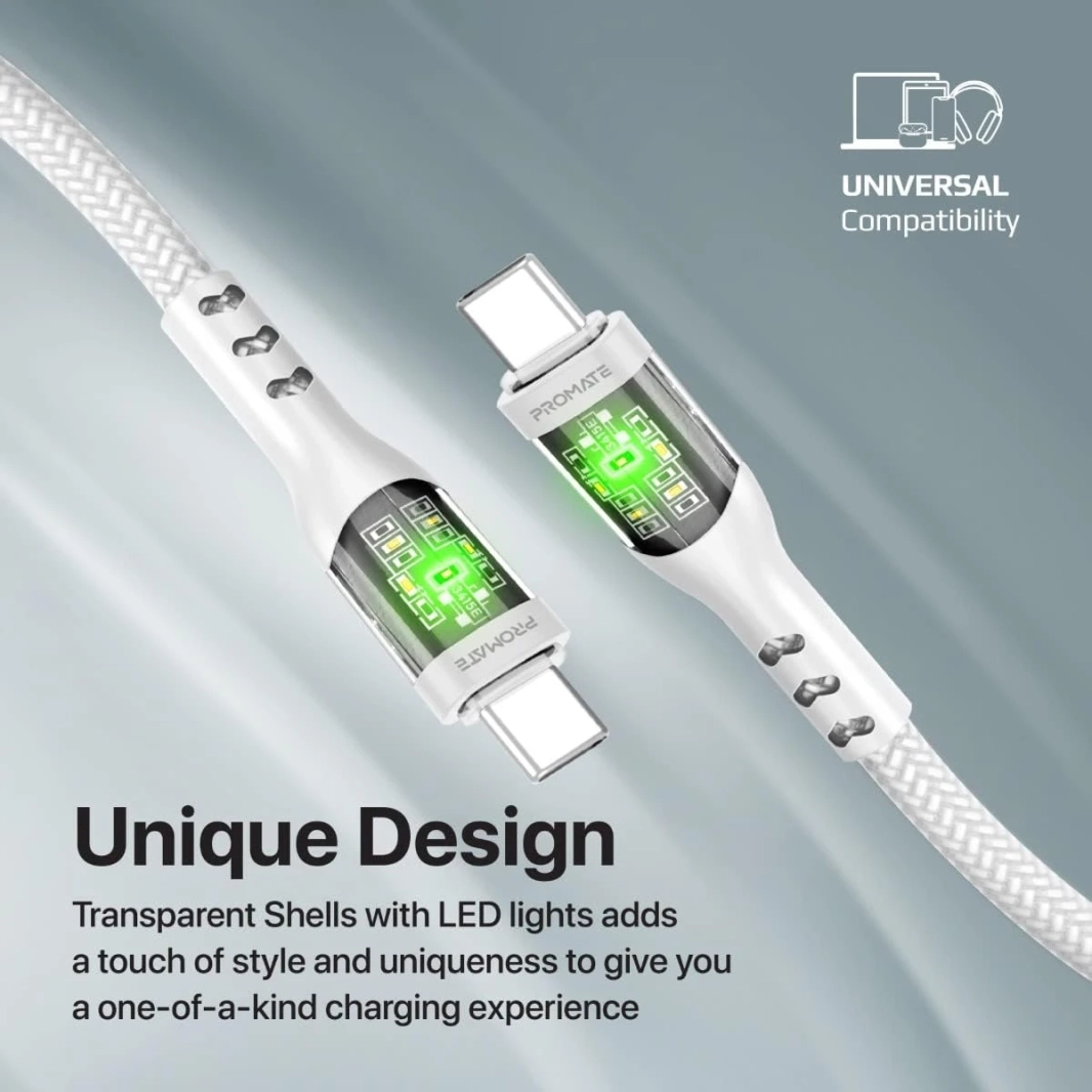 بروميت TransLine-CC كابل USB-C إلى USB-C توصيل طاقة 60 وات أغطية شفافة 120 سم سلك مجدول من النايلون - أبيض