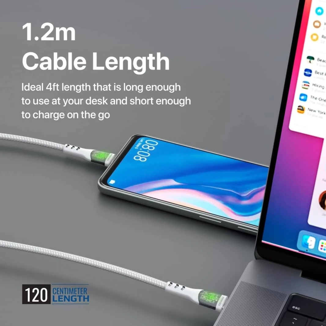 بروميت TransLine-CC كابل USB-C إلى USB-C توصيل طاقة 60 وات أغطية شفافة 120 سم سلك مجدول من النايلون - أبيض