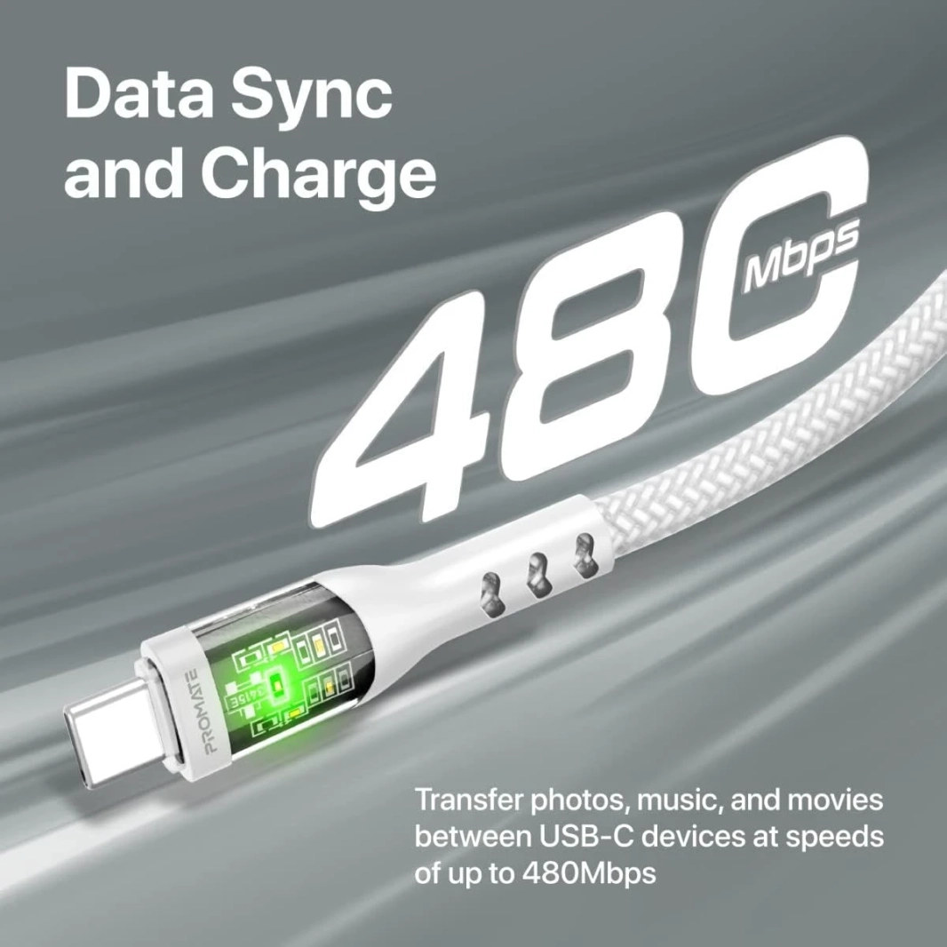 بروميت TransLine-CC كابل USB-C إلى USB-C توصيل طاقة 60 وات أغطية شفافة 120 سم سلك مجدول من النايلون - أبيض