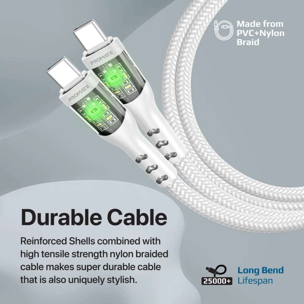بروميت TransLine-CC كابل USB-C إلى USB-C توصيل طاقة 60 وات أغطية شفافة 120 سم سلك مجدول من النايلون - أبيض