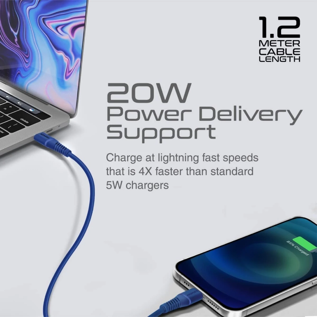 بروميت كابل USB-C إلى Lightning كابل Apple MFi المعتمد مع توصيل طاقة 20 واط، 120 سم سيليكون مضاد للتشابك - أزرق