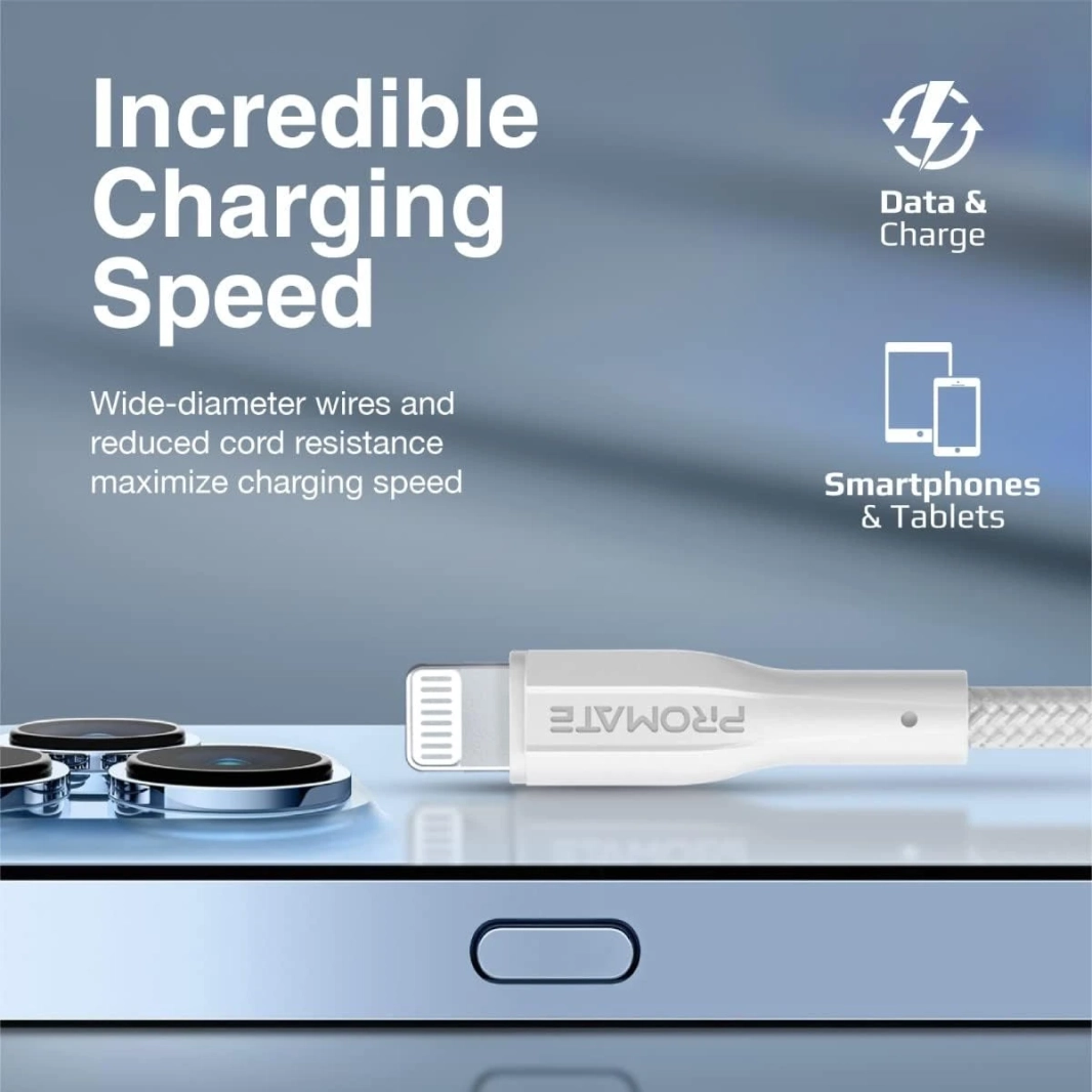 كابل بروميت XCord-Ai USB-A إلى Lightning شاحن فائق السرعة سلك سيليكون مضاد للتشابك بطول 1 متر - أبيض