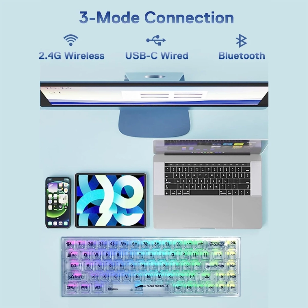 Redragon K631 Castor PRO 65% اتصال ثلاثي الأوضاع RGB 68 مفتاحًا قابل للتبديل السريع مع مقبس PCB مجاني للتبديل السريع - أبيض شفاف