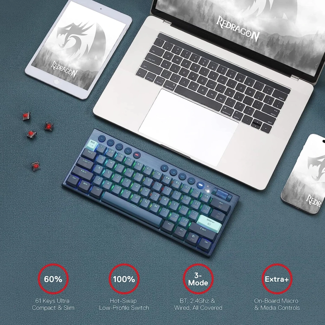 Redragon K632 Blue PRO 60% 3-Mode Connection RGB ميكانيكية رفيعة للغاية ومنخفضة مع اتصال بدون تأخير تحكم مخصص في الوسائط - مفتاح أحمر