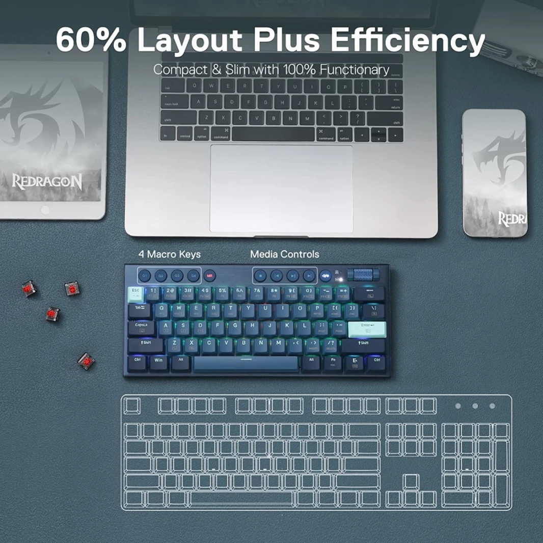 Redragon K632 Blue PRO 60% 3-Mode Connection RGB ميكانيكية رفيعة للغاية ومنخفضة مع اتصال بدون تأخير تحكم مخصص في الوسائط - مفتاح أحمر