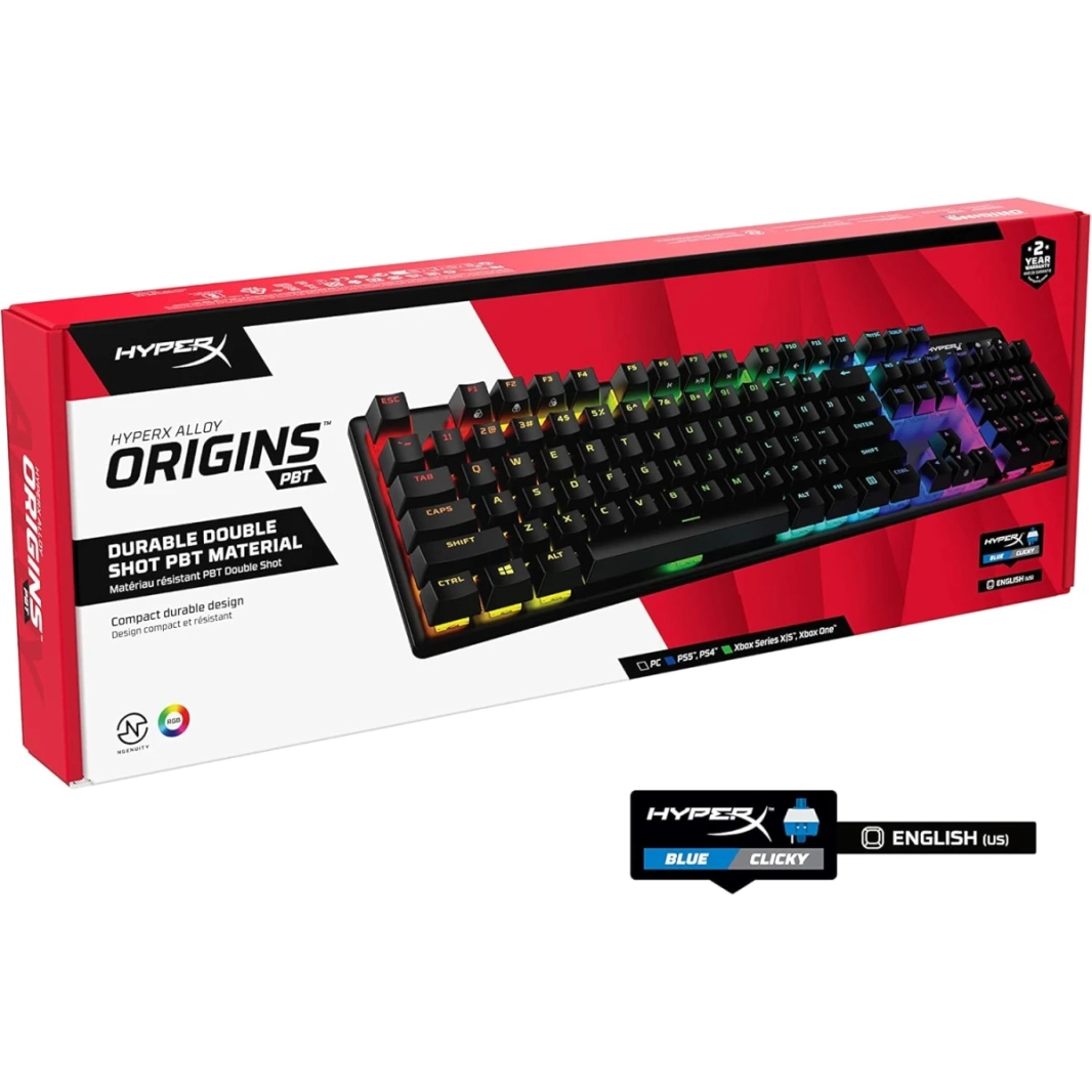 هيكل HyperX Alloy Origins Core PBT ميكانيكي RGB وذاكرة مدمجة وهيكل من الألومنيوم قابل للتخصيص مع مفتاح HyperX NGENUITY Clicky Blue Switch
