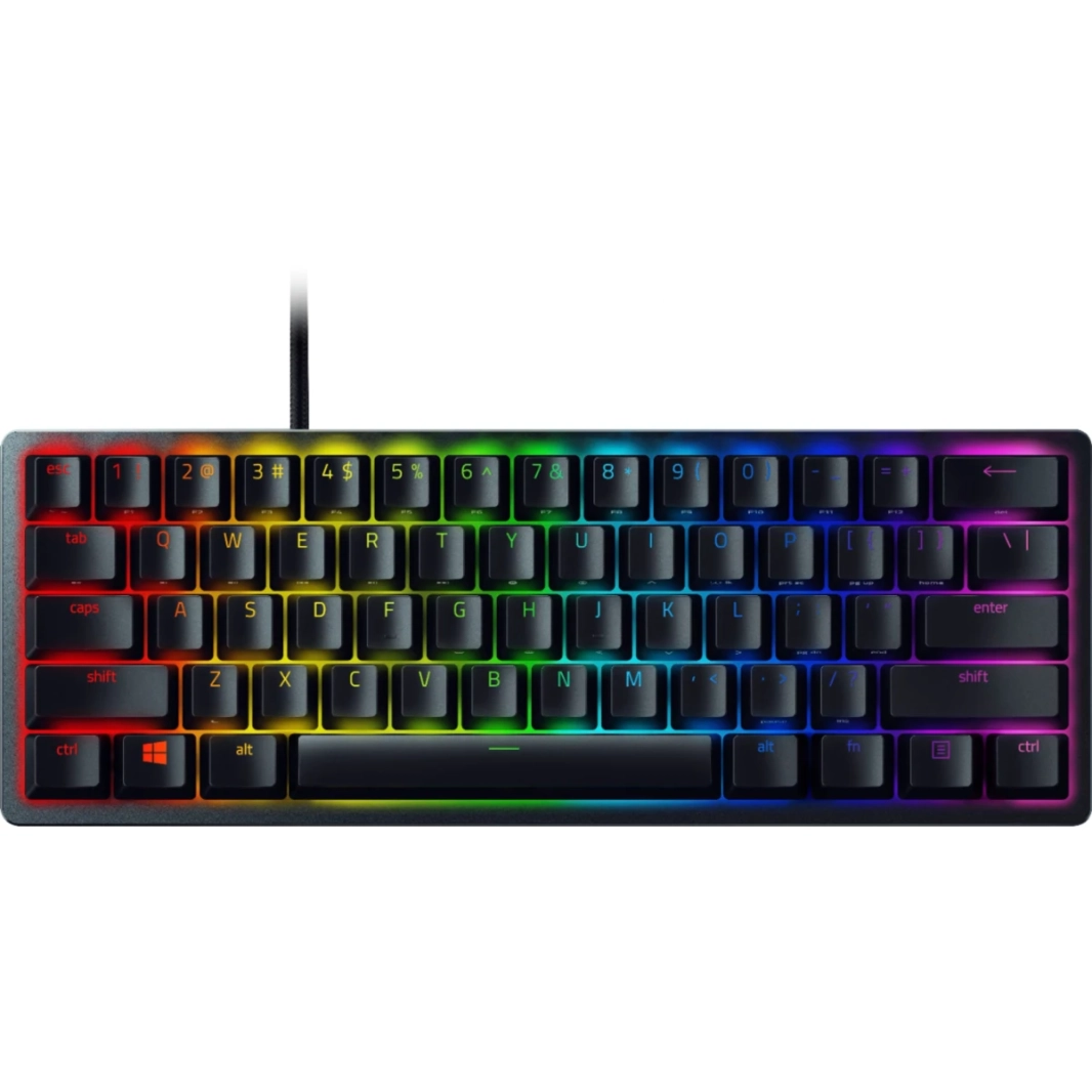 Razer Huntsman Mini 60% Clicky Optical-Mechanical Switches Doubleshot PBT Keycaps كابل USB-C قابل للفصل (مفتاح أحمر) - أسود