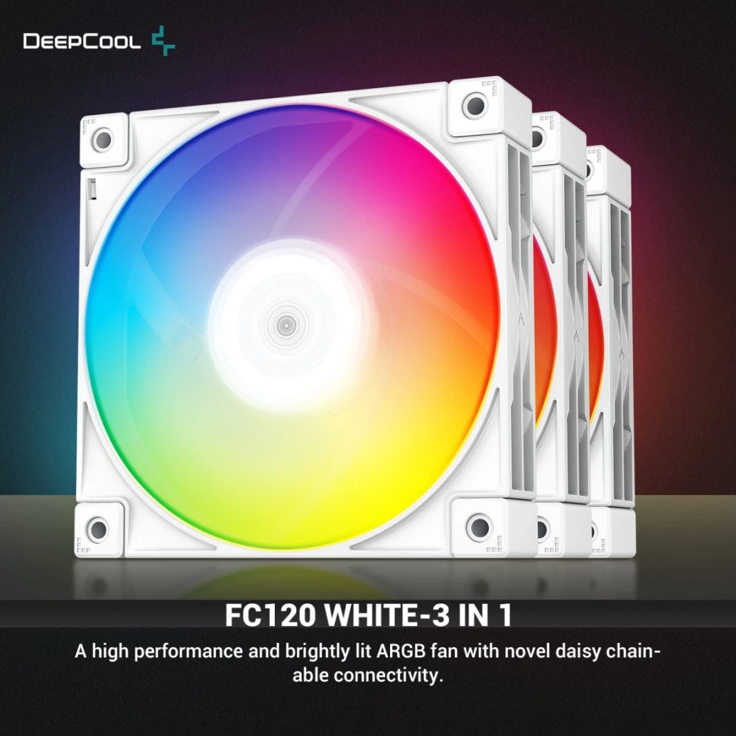 DeepCool FC120 White 3x120mm 1800RPM Daisy Chain RGB 5v-3pin PWM مراوح التبريد هادئة للحالات والمبردات - أبيض