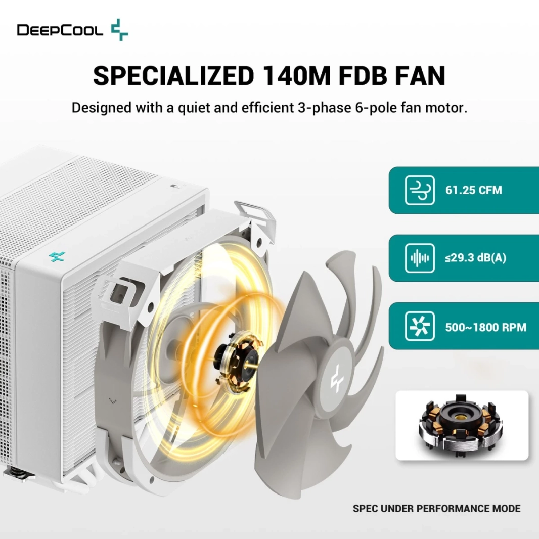 DeepCool ASSASSIN 4S Premium CPU مبرد هواء ثنائي البرج مركزي 140 مم مروحة FDB 7 أنابيب حرارة نحاسية هادئة / مفتاح وضع الأداء - أبيض