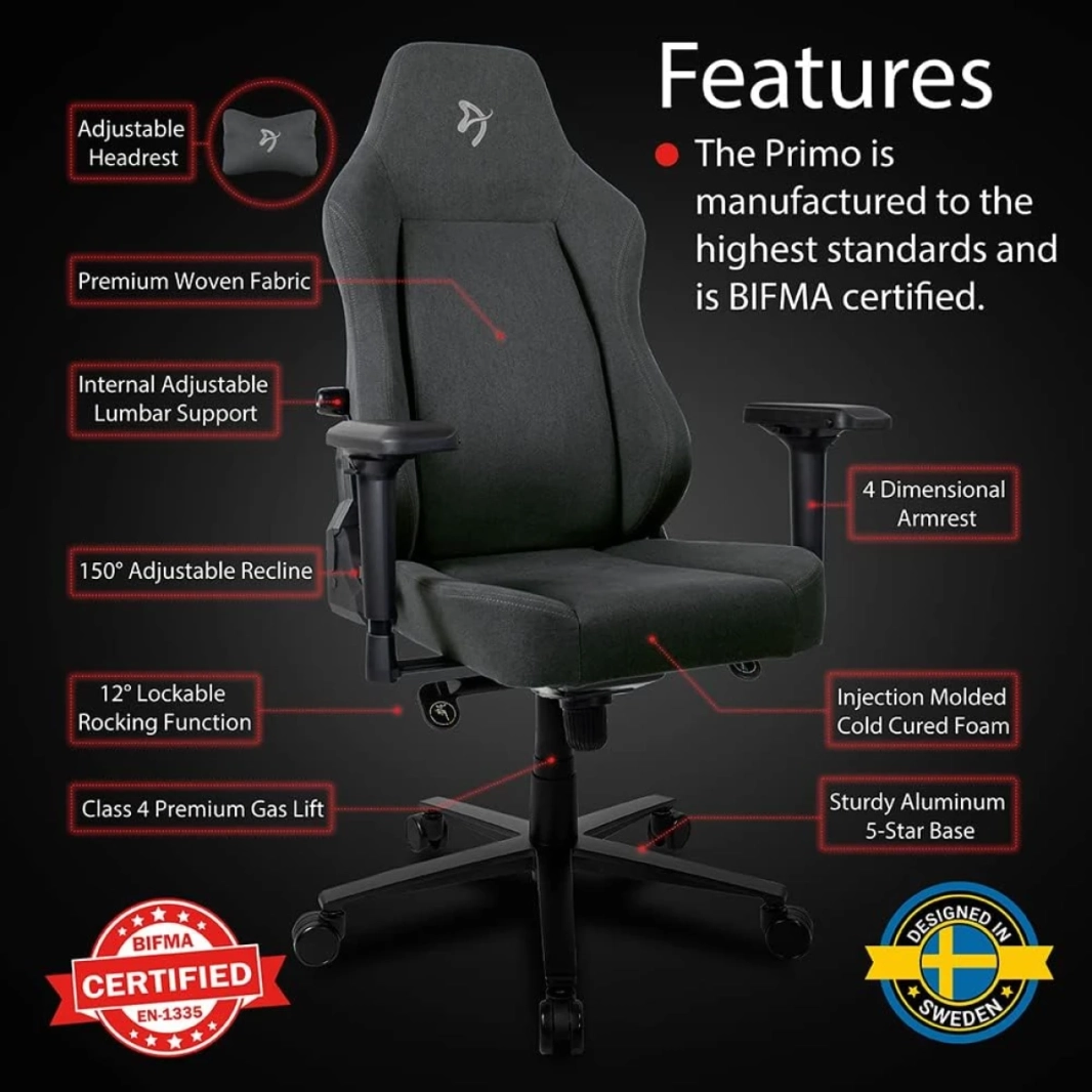 arozzi primo premium moven fabric gaming/ Office Chair مبني على كرسي الدعم القطني - Black W/ Gray Logo
