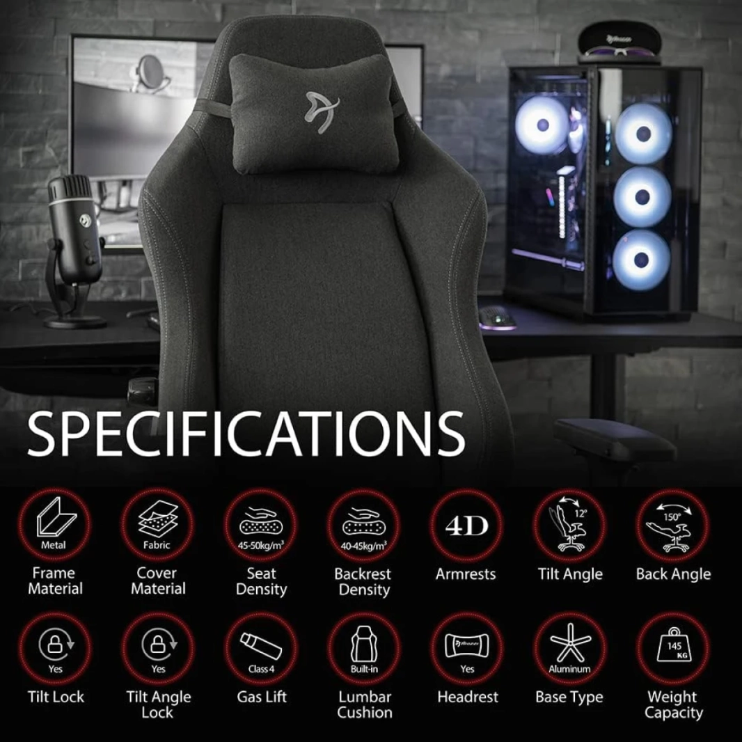 arozzi primo premium moven fabric gaming/ Office Chair مبني على كرسي الدعم القطني - Black W/ Gray Logo