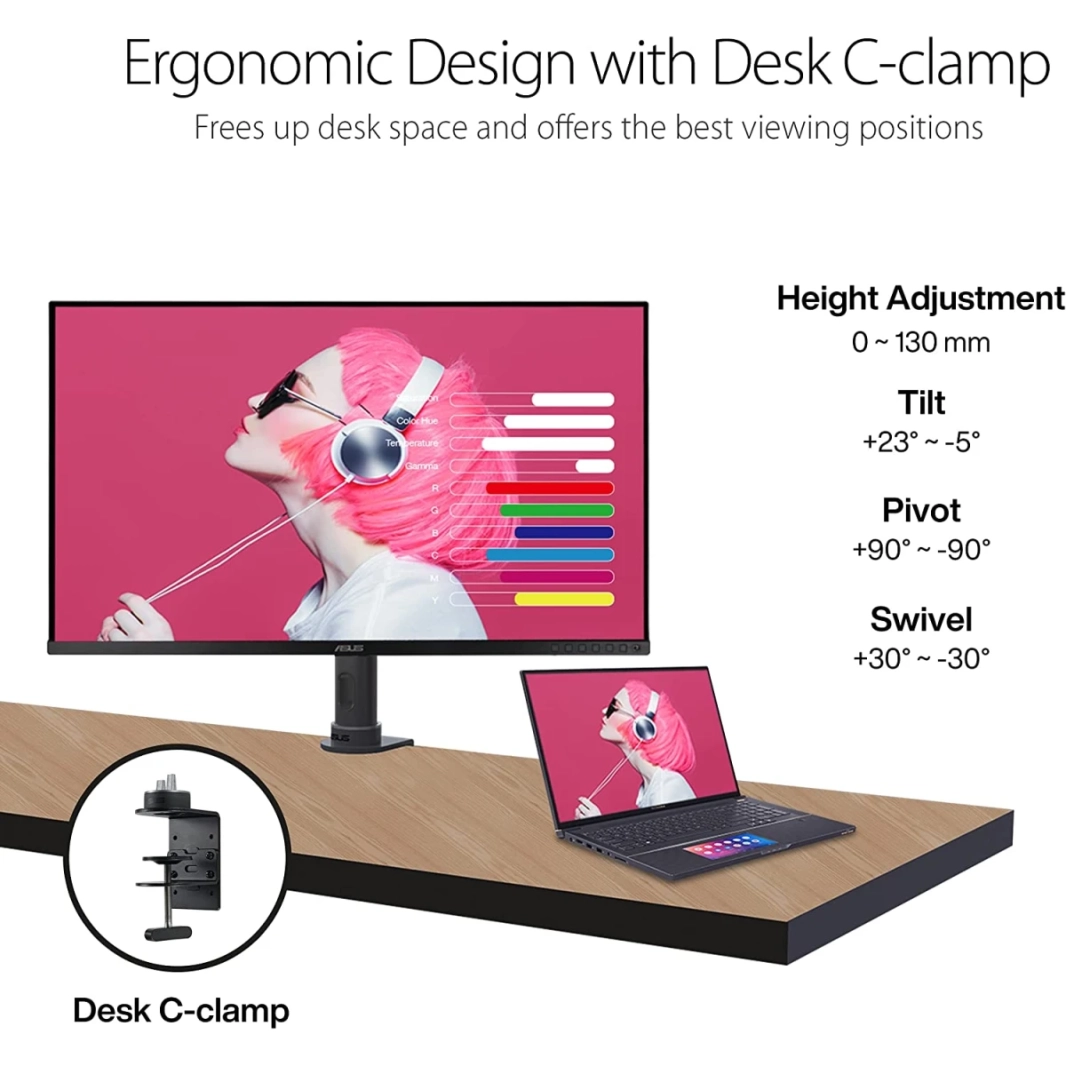 ASUS PROART PA329CV 31.5 "IPS 4K 100 ٪ SRGB REC.709 دقة اللون دلتا E <2 Calman التحقق من ارتفاع C-Clamp قابل للتعديل