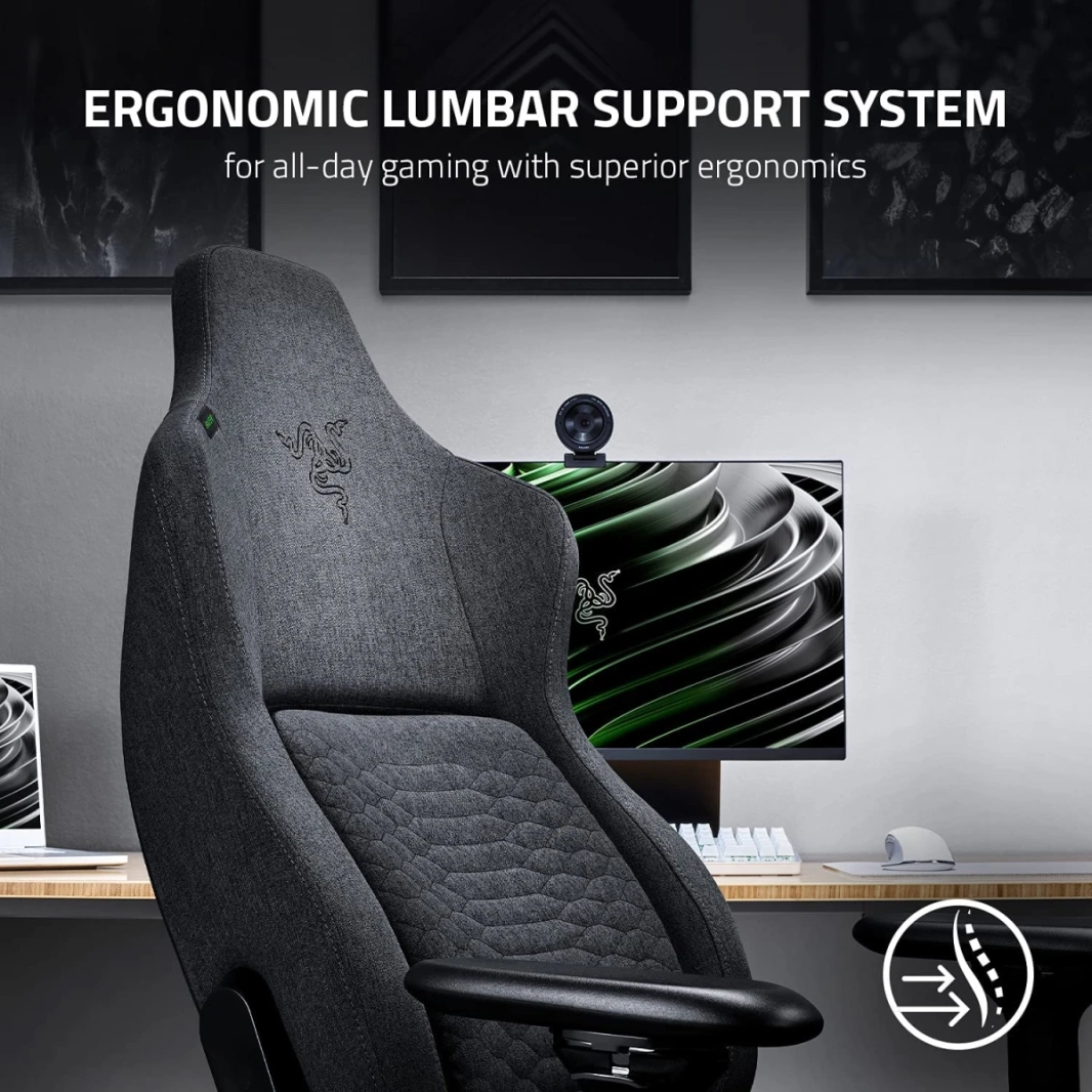 Razer Iskur Fabric Ergonomic Lumbar Support System Ultra-Soft Spill-Resistant Fabric Foam Cushions 4D Armrests - Dark Gray