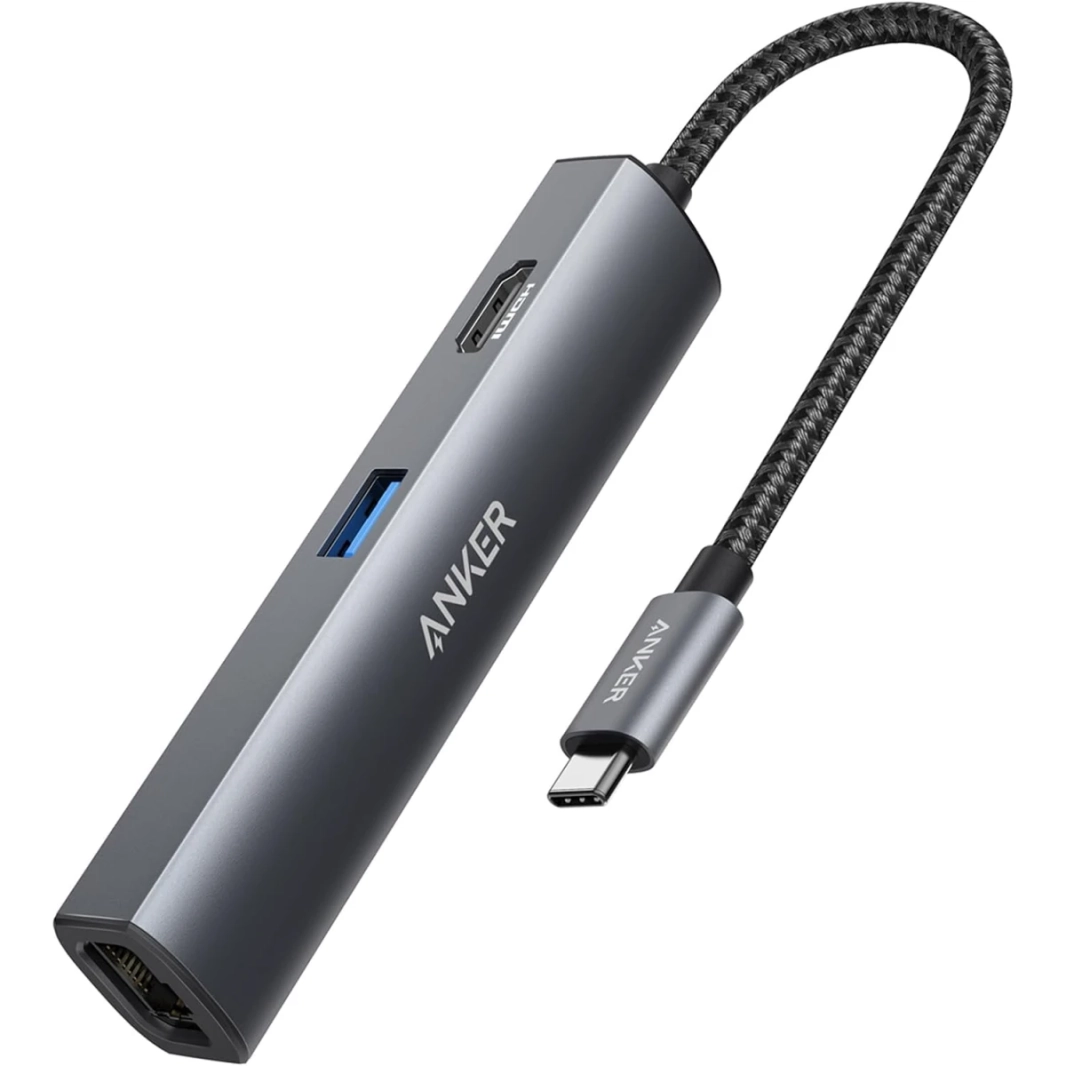 ANKER A8338 USB C HUB ADAPTER ، محول 5-in-1 USB C مع 4K USB C إلى HDMI ، منفذ Ethernet ، 3 منافذ USB 3.0 ، لـ MacBook Pro و iPad Pro و XPS و Pixelbook والمزيد