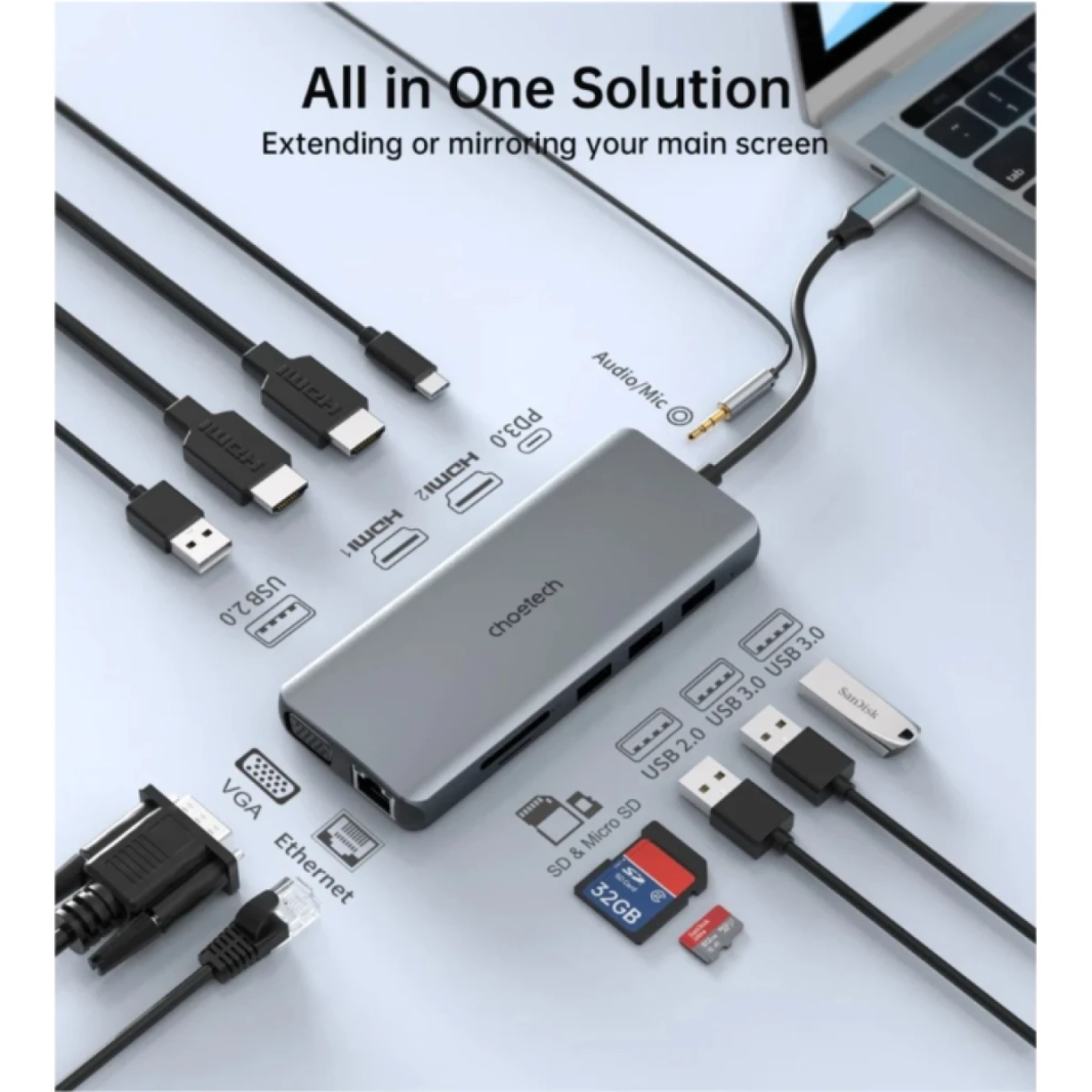 Choetech Hub-M26 12 في 1 USB Type-C Multi-Hub Dual HDMI تصل إلى 100 واط