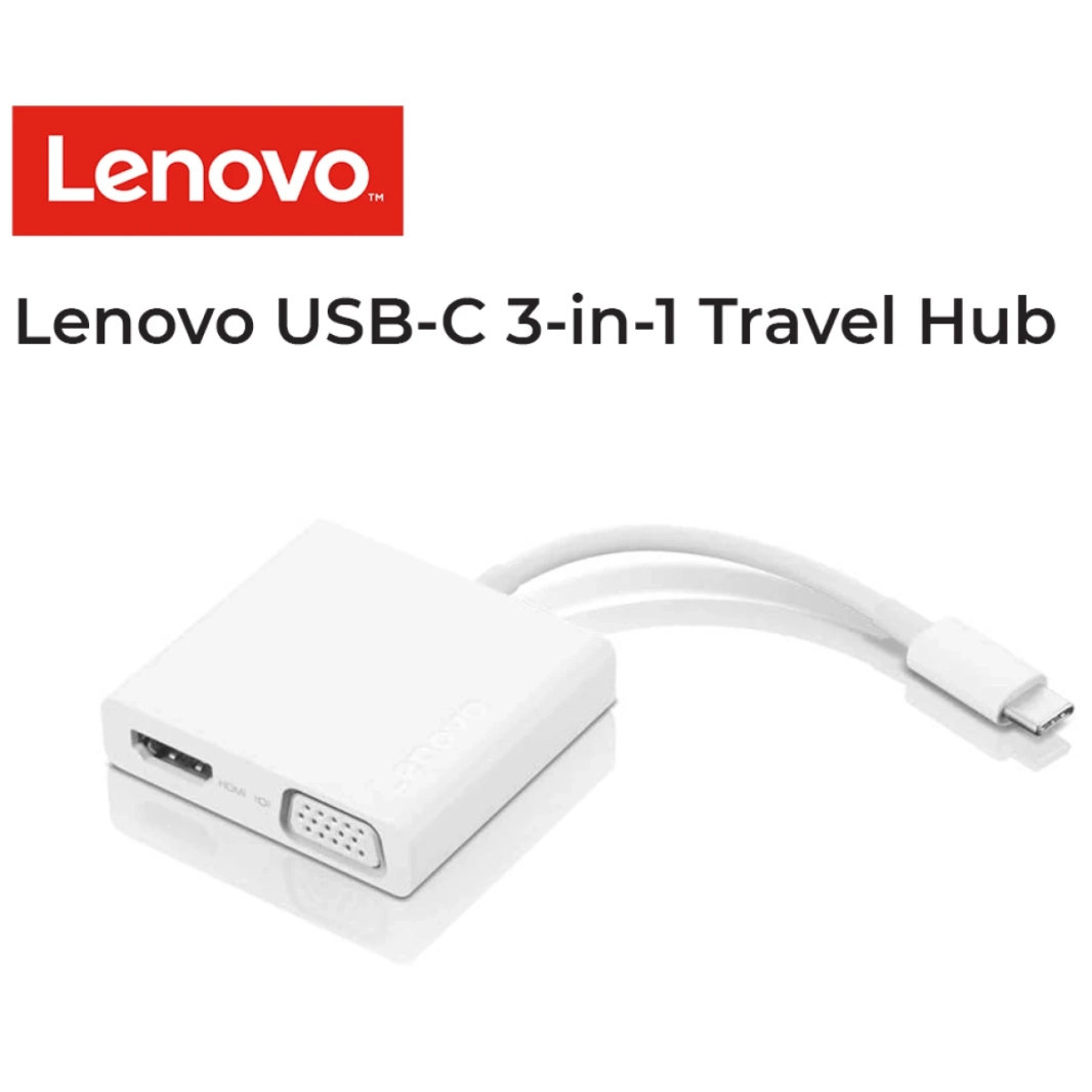 Lenovo USB-C 3-in-1 Hub 4K HDMI ، VGA ، USB 3.0 Plug and Play ، White