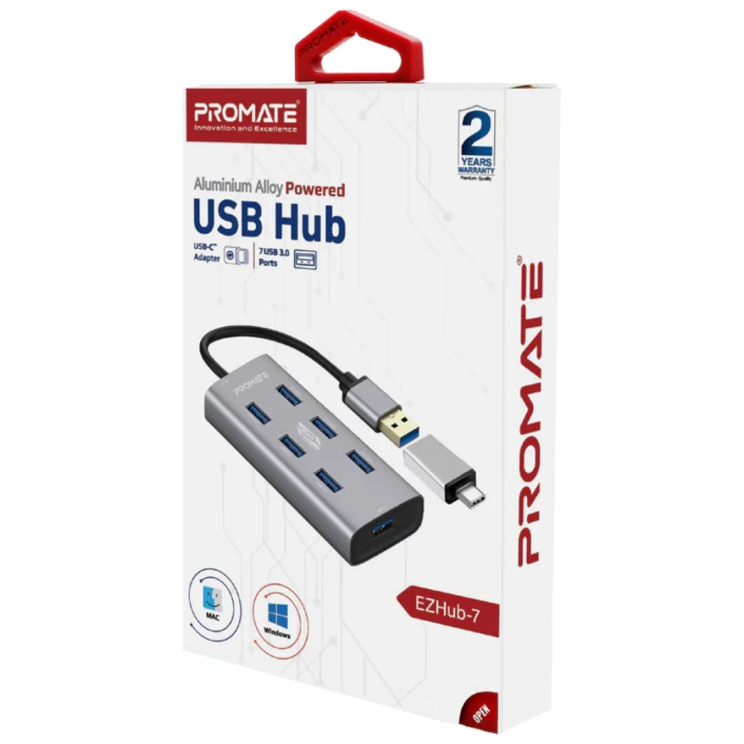PROMATE EZHUB-7 7 في 1 سبيكة الألومنيوم مدعومة USB HUB 7 USB 3.0 منافذ USB-C محول معدلات نقل 5GBPS