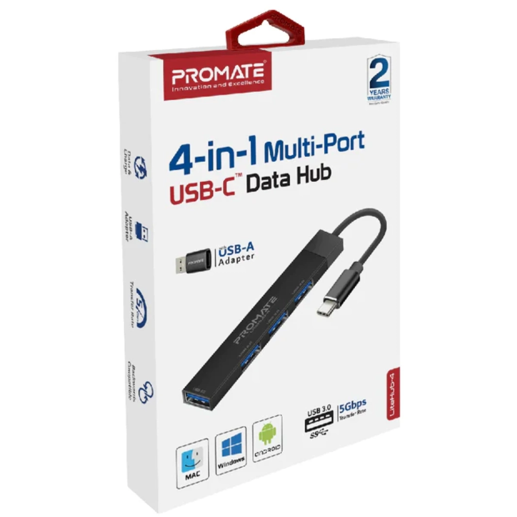 PROMATE LITEHUB-4 4 في 1 منافذ USB-C HUB 4 منافذ USB-A 480MBPS / 5GBPS معدل نقل لنظام التشغيل Windows & Mac-أسود