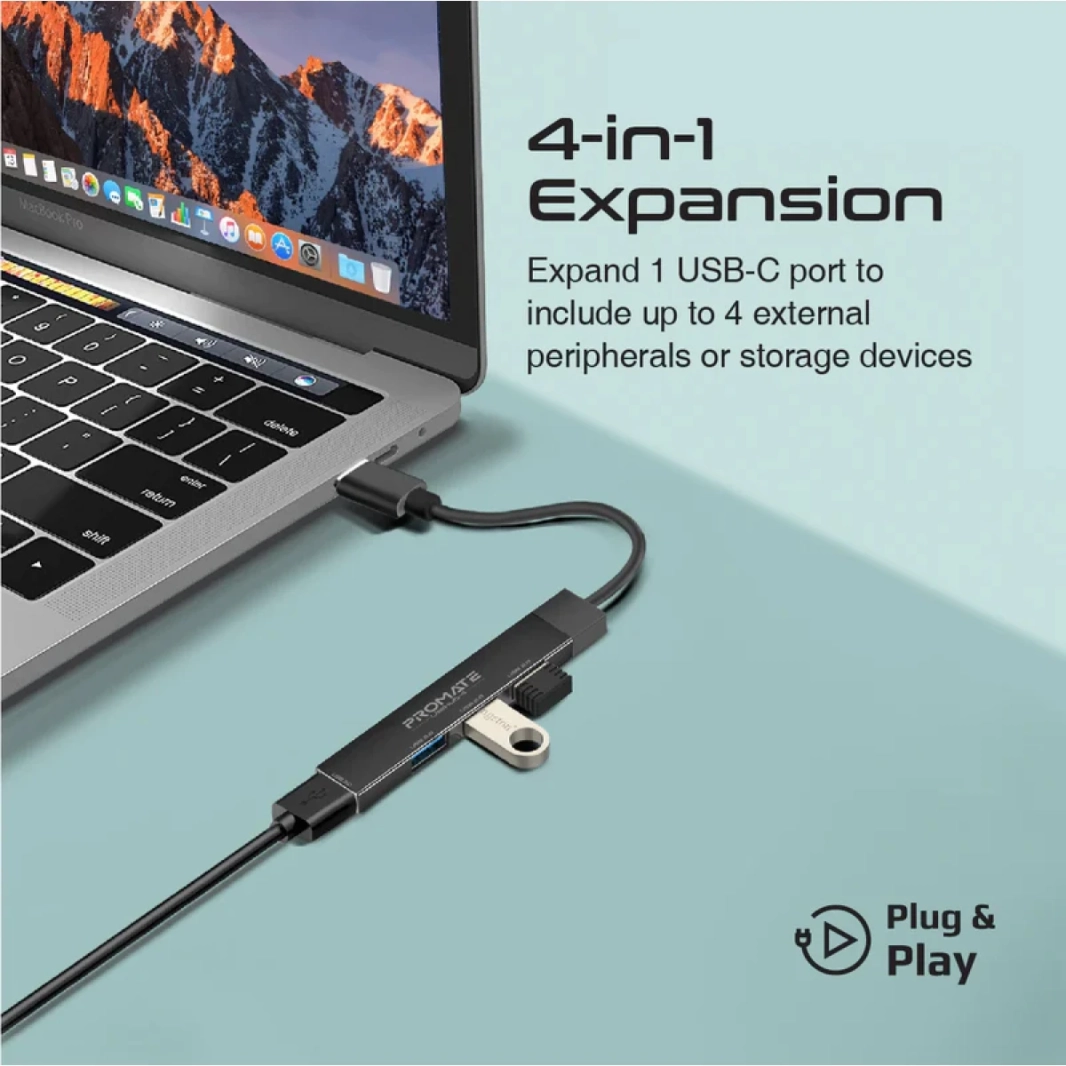 PROMATE LITEHUB-4 4 في 1 منافذ USB-C HUB 4 منافذ USB-A 480MBPS / 5GBPS معدل نقل لنظام التشغيل Windows & Mac-أسود