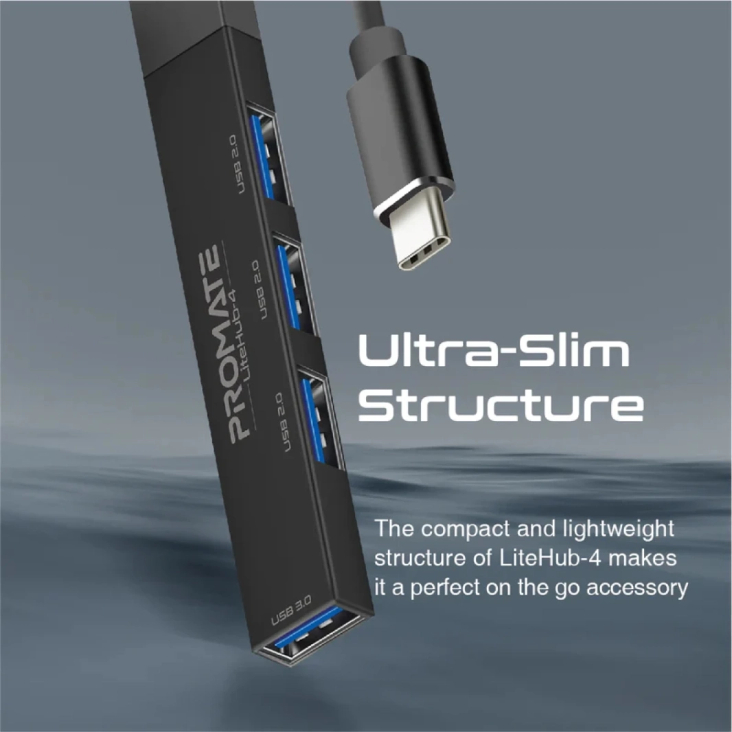 PROMATE LITEHUB-4 4 في 1 منافذ USB-C HUB 4 منافذ USB-A 480MBPS / 5GBPS معدل نقل لنظام التشغيل Windows & Mac-أسود